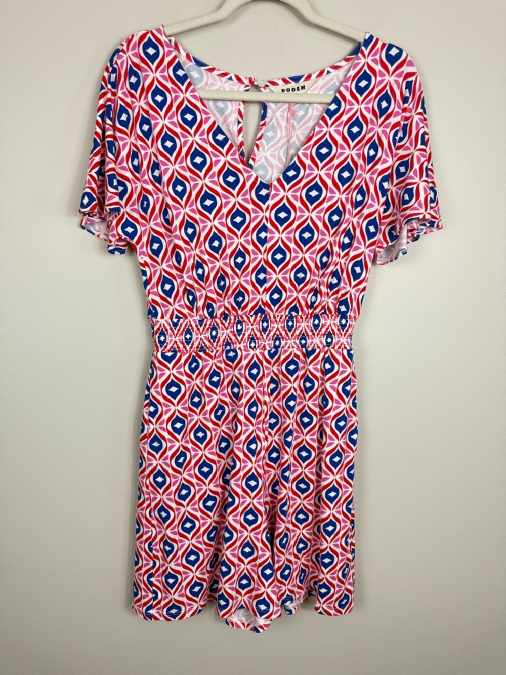 Boden Playsuit Romper Women 2 Smocked Jersey Rubicondo Diamond Wave Red Blue NWT